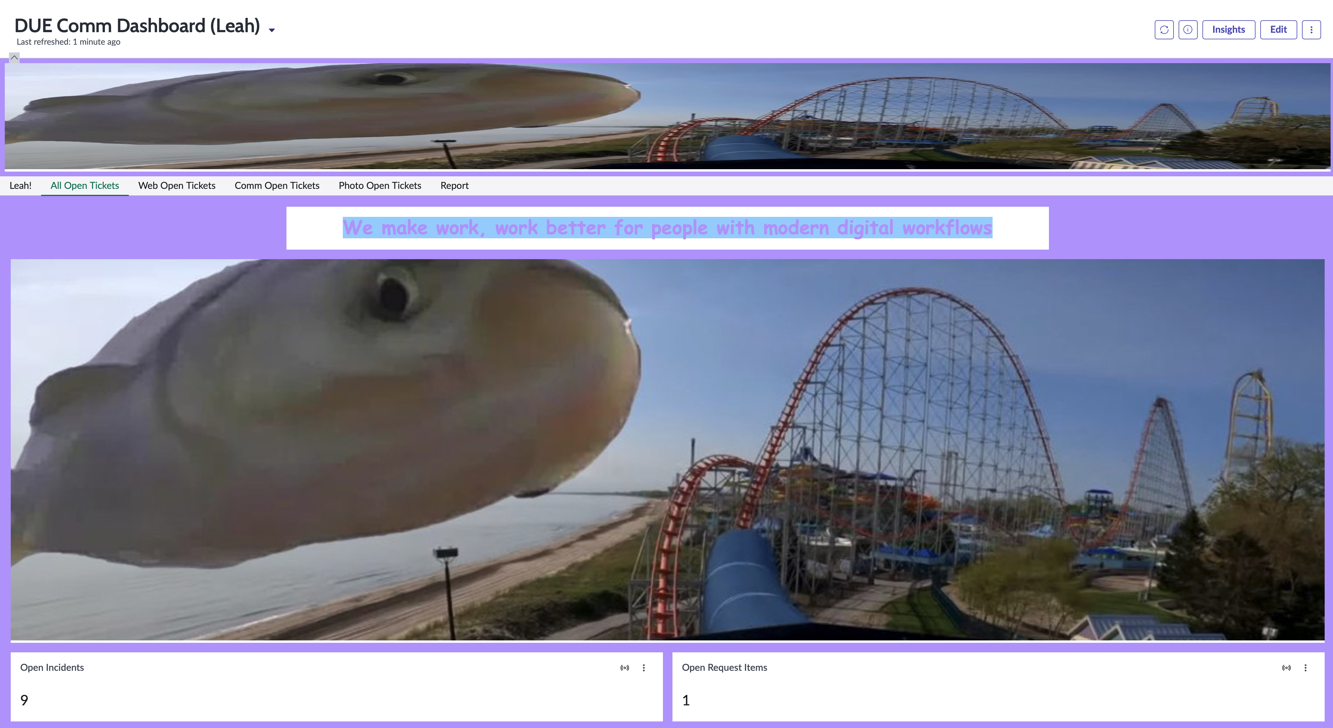 ServiceNow dashboard showing 9 open incidents and 1 open request item. There is a large fish overlaid on a POV of Magnum XL-200 at Cedar Point in the center of the dashboard.